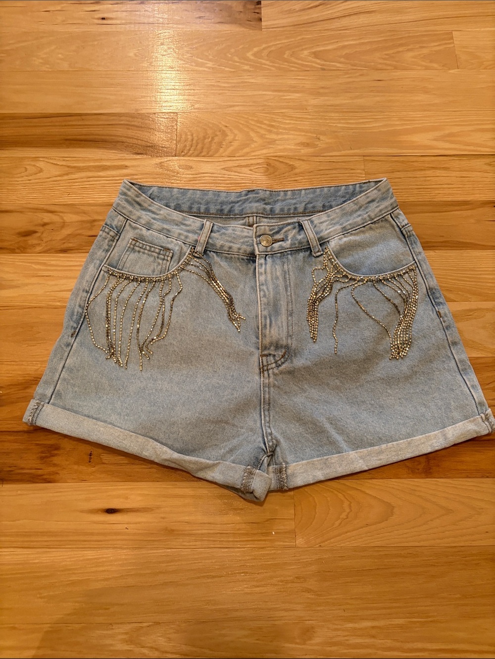 SHEIN Light Blue Denim Shorts with Rhinestone Fringe